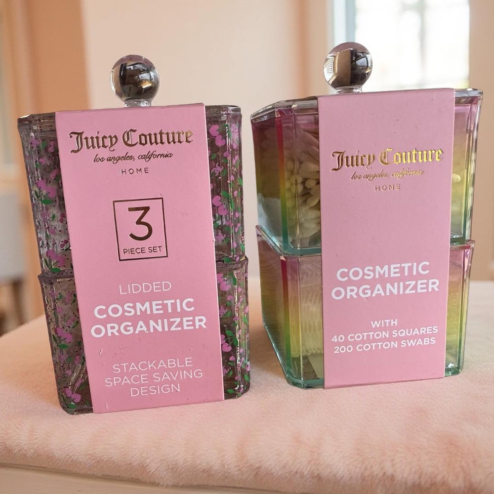 Juicy Couture NWT Acrylic Vanity Set Lidded Organizers Q-Tips & Cotton Pads